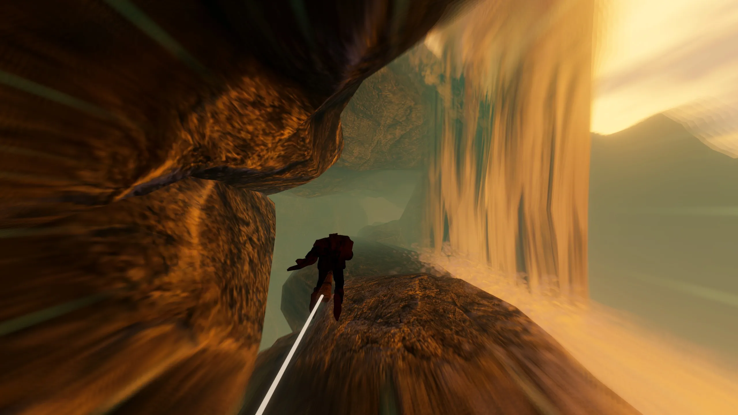 A witch flying a broom at speed through a rocky canyon, past a waterfall at sunset